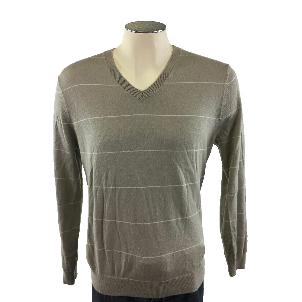 Banana Republic Cashmere Silk Cotton VNeck Sweater M Stripe Gray White Golf Mens